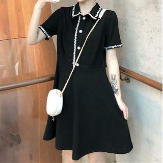 Contrast Trim Faux Pearl Short-sleeve Mini A-line Dress