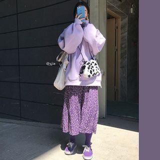 Mock-turtleneck Pullover / Floral Print Midi A-line Skirt