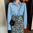 Denim Shirt / Floral Midi Straight-fit Skirt