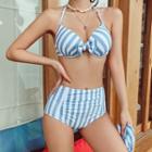 Set : Striped Long-sleeve Top + Halter Striped Swimwear + Swim Bottom