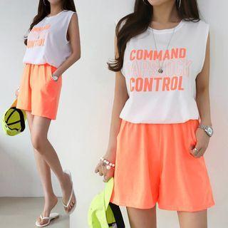 Set: Letter Print Tank Top + Band-waist Shorts