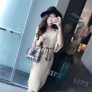 Pointelle Knit Elbow-sleeve Midi Dress