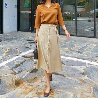 Tie-waist Buttoned Check Long Skirt