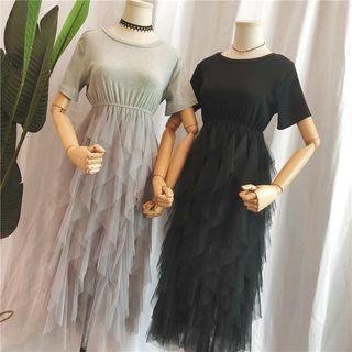 Short-sleeve Midi Mesh Tiered Dress