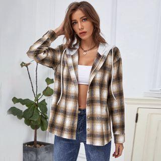 Long-sleeve Plaid Hooded Shacket Shirt Jacket