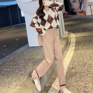 Set: V-neck Argyle Sweater + Straight-cut Knit Pants Sweater - Argyle - Coffee - One Size / Pants - Almond - One Size