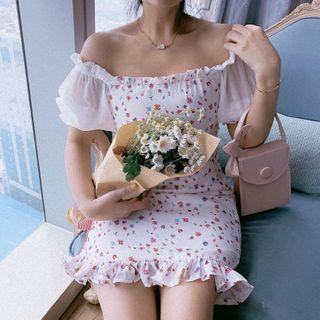 Puff Sleeve Floral Print Frill-trim Sheath Dress