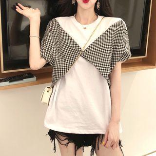 Mock Two Piece Puff-sleeve Plaid Top