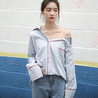 Open Shoulder Pinstripe Long-sleeve Blouse