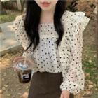 Puff-sleeve Ruffled Dotted Blouse Black Dots - White - One Size