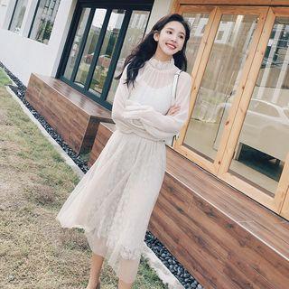 Set: Mock-neck Long-sleeve Top + Mesh Overlay Midi A-line Skirt
