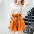 V-neck 3/4-sleeve Chiffon Blouse / Paperbag-waist Wide Leg Shorts / Set: V-neck 3/4-sleeve Chiffon Blouse + Wide Leg Shorts