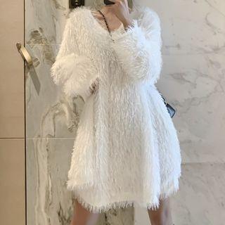 Long-sleeve Furry-knit Plain Dress