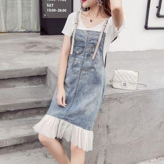 Set: Plain Short Sleeve T-shirt + Mesh Panel Dungaree Dress