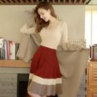 Color-block Pleated Midi Skirt