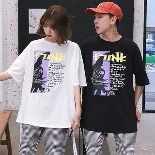 Couple Matching Elbow-sleeve Print T-shirt / Plaid Cropped Pants