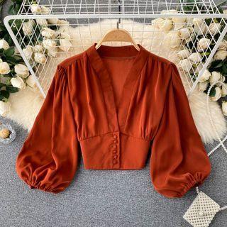 Plain V-neck Button Puff-sleeve Top
