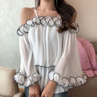 Contrast Trim Ruffled Off-shoulder Long-sleeve Top