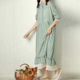 Elbow-sleeve Floral Print Lace Trim Midi A-line Dress