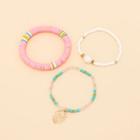 Set: Beaded Bracelet + Striped Bracelet Set Of 3 - Pink & White & Green - One Size