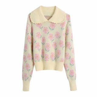 Ruffle-trim Floral Print Long Sleeve Sweater