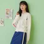 Embroidered Long-sleeve Hooded Sweater White - One Size