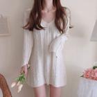 Long Sleeve V Neck Plain Cable-knit Dress White - One Size