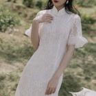 Tasseled Short-sleeve Lace Midi Qipao