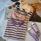 Short-sleeve Collar Striped Cropped T-shirt
