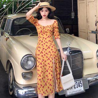 Rose Print Elbow-sleeve Midi A-line Dress