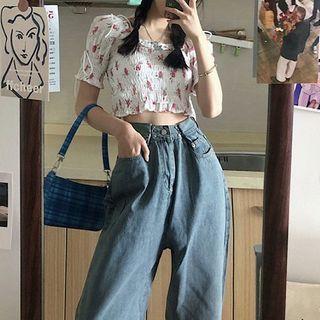 Flower Elbow-sleeve Blouse / Wide-leg Jeans