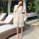 Notched Neck Long-sleeve Shift Dress As Shown In Figure - One Size