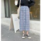 Long-sleeve Print T-shirt / Plaid Midi Skirt