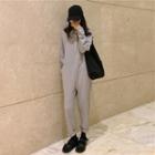 Loose-fit Plain Polo Jumpsuit Gray - One Size