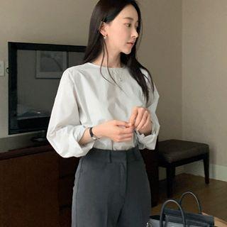 Plain Round-neck Cotton Blouse Ash Gray - One Size