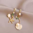 Shell Starfish Faux Pearl Asymmetrical Dangle Earring A295 - 1 Pair - Silver Needle - Gold - One Size