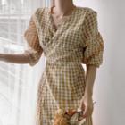 Short-sleeve Tie-waist Plaid Wrapped Dress