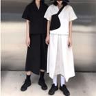 V-neck Short-sleeve Blouse / Midi A-line Skirt