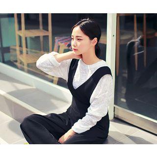 Deep V-neck Wide-leg Jumper Pants