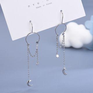 925 Sterling Silver Moon & Star Dangle Earring 1 Pair - Es1092 - Platinum - One Size