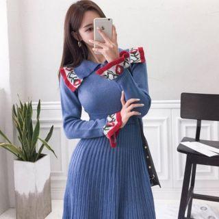 Floral Print Panel Collared Bell-sleeve A-line Knit Dress
