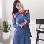 Floral Print Panel Collared Bell-sleeve A-line Knit Dress