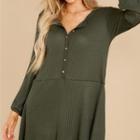 Puff-sleeve Henley Mini Shift Dress