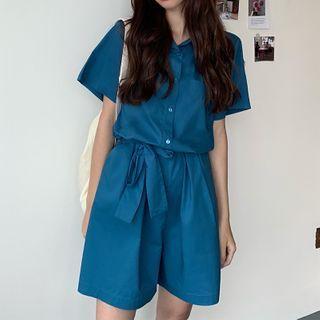 Short-sleeve Sashed Wide-leg Playsuit