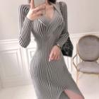 Long-sleeve Striped Midi Knit Sheath Dress Gray - One Size