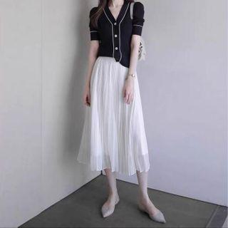 Set: Short-sleeve Button-up Top + Mesh Midi A-line Skirt