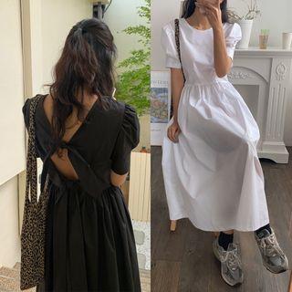 Puff Short-sleeve Round-neck Open-back Plain A-line Dress