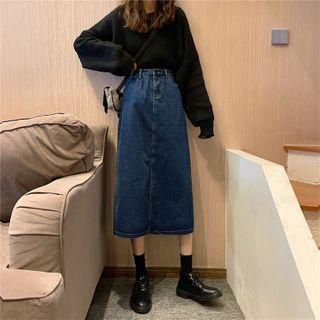 High-waist Split Denim A-line Skirt