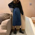 High-waist Split Denim A-line Skirt