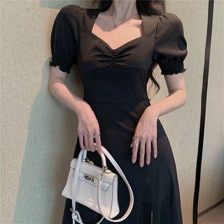 Puff-sleeve Slit-hem A-line Midi Dress